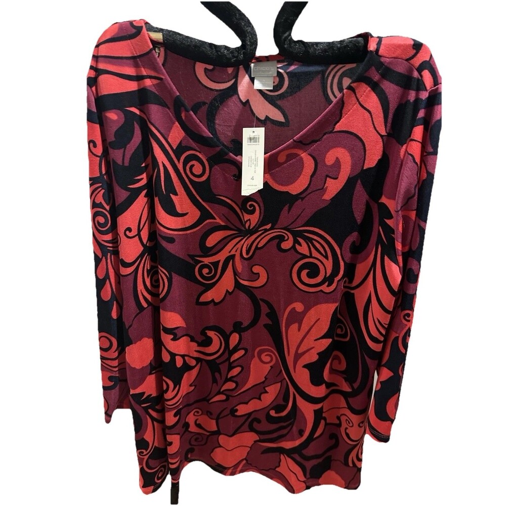 NWT Chicos Travelers Drama Print V Neck Top Cherry Pop sz 4 XL No Wrinkle!